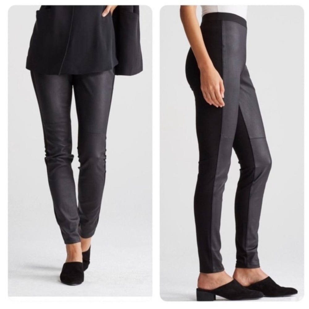 Eileen Fisher Black Lamb Leather Panel Leggings / Pants Viscose Ponte Size Small